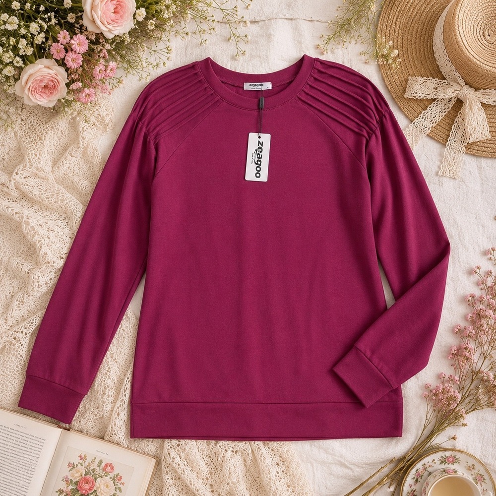 Zeagoo Sweatshirt Women M Berry New Pleated Shoulder Long Sleeve Crew Neck Top